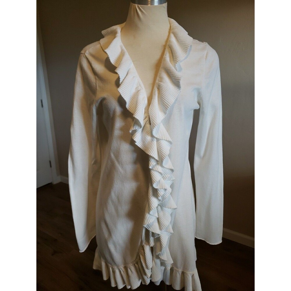 Magaschoni Cardigan Waterfall Cascade White Women's Sz M Cashmere Blend Sweater